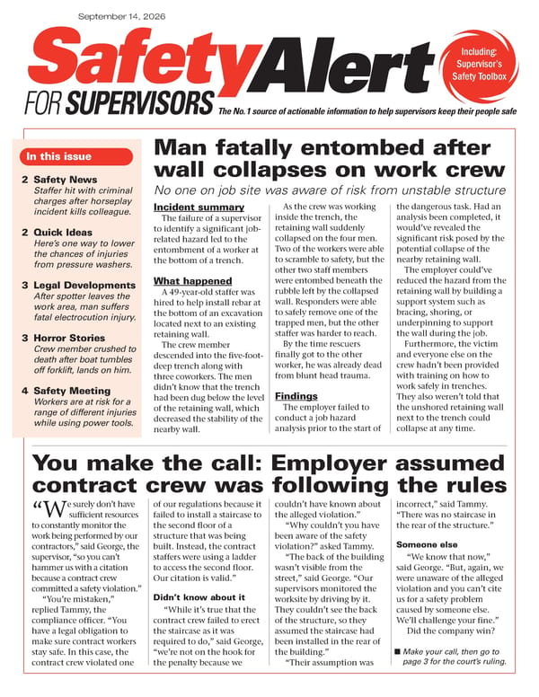 Safety Alert for Supervisors: 9/14/2026 - Page 1